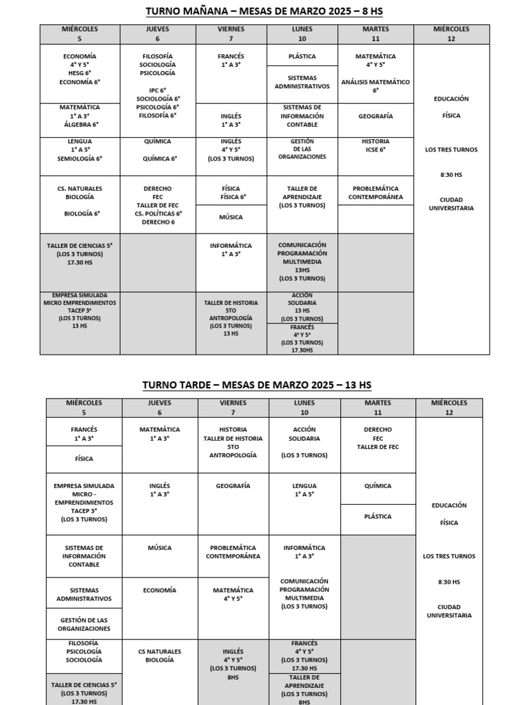 Mesas de Exámenes Marzo 2025 | PDF | Educación en artes liberales | Science