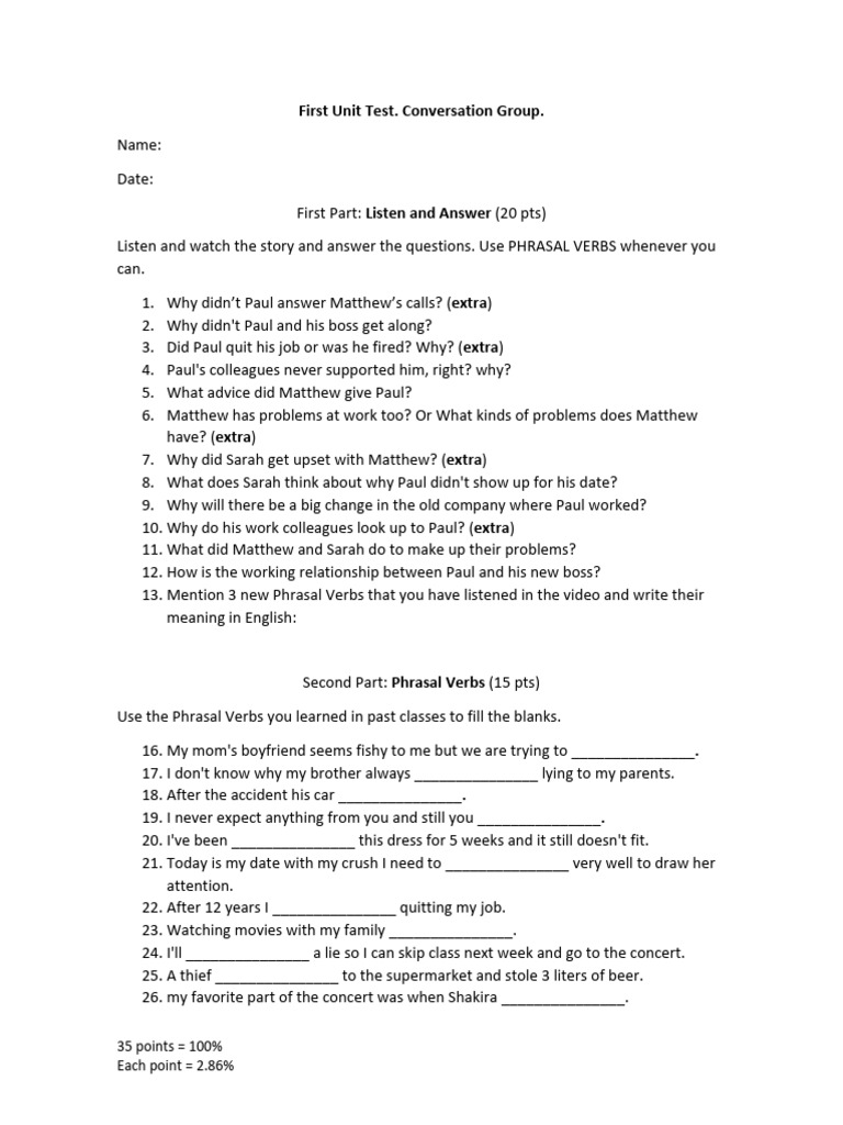 First Unit Test: Listening & Phrasal Verbs | PDF