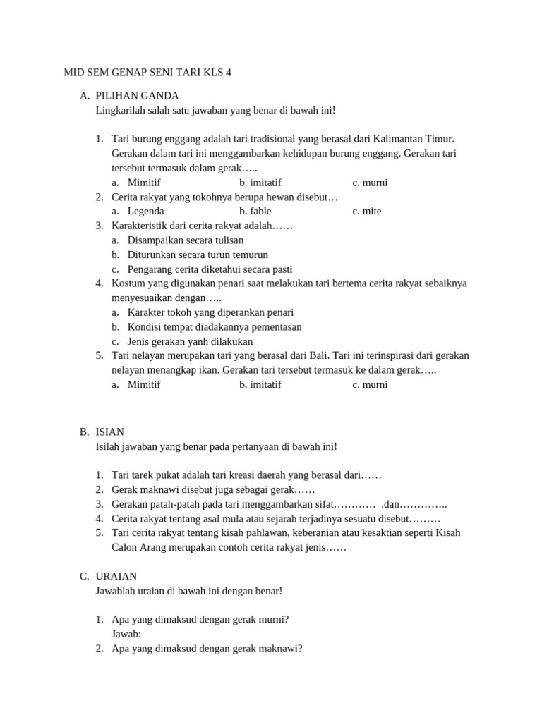 Mid Sem Genap Seni Tari KLS 4 | PDF