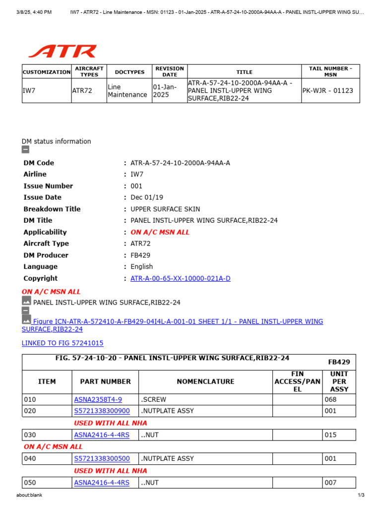 IW7 - ATR72 - Line Maintenance - MSN - 01123 - 01-Jan-2025 - ATR-A-57 ...