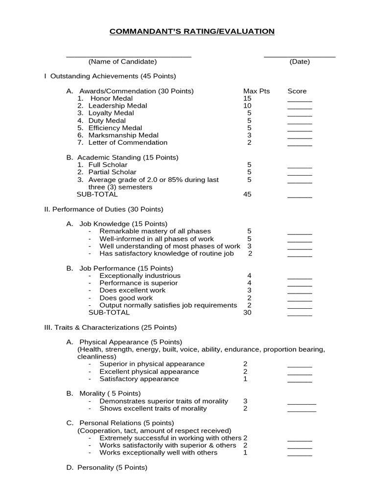 Commandant's Evaluation Rating Form | PDF | Behavioural Sciences ...
