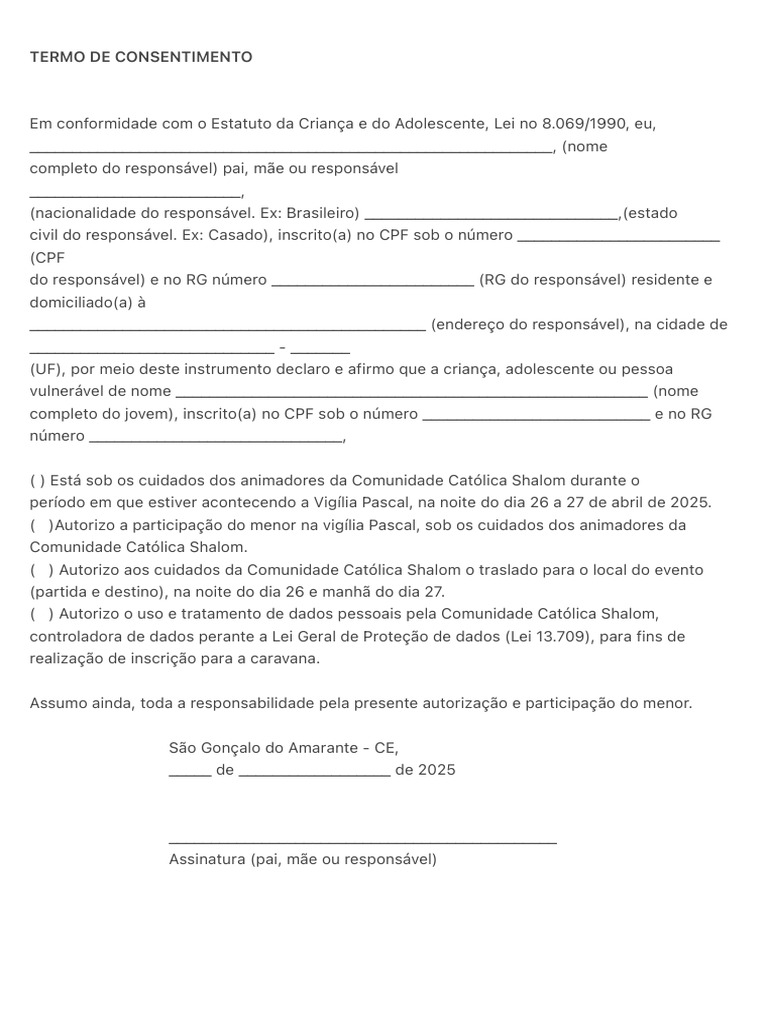 Termo de Consentimento para Vigília Pascal | PDF