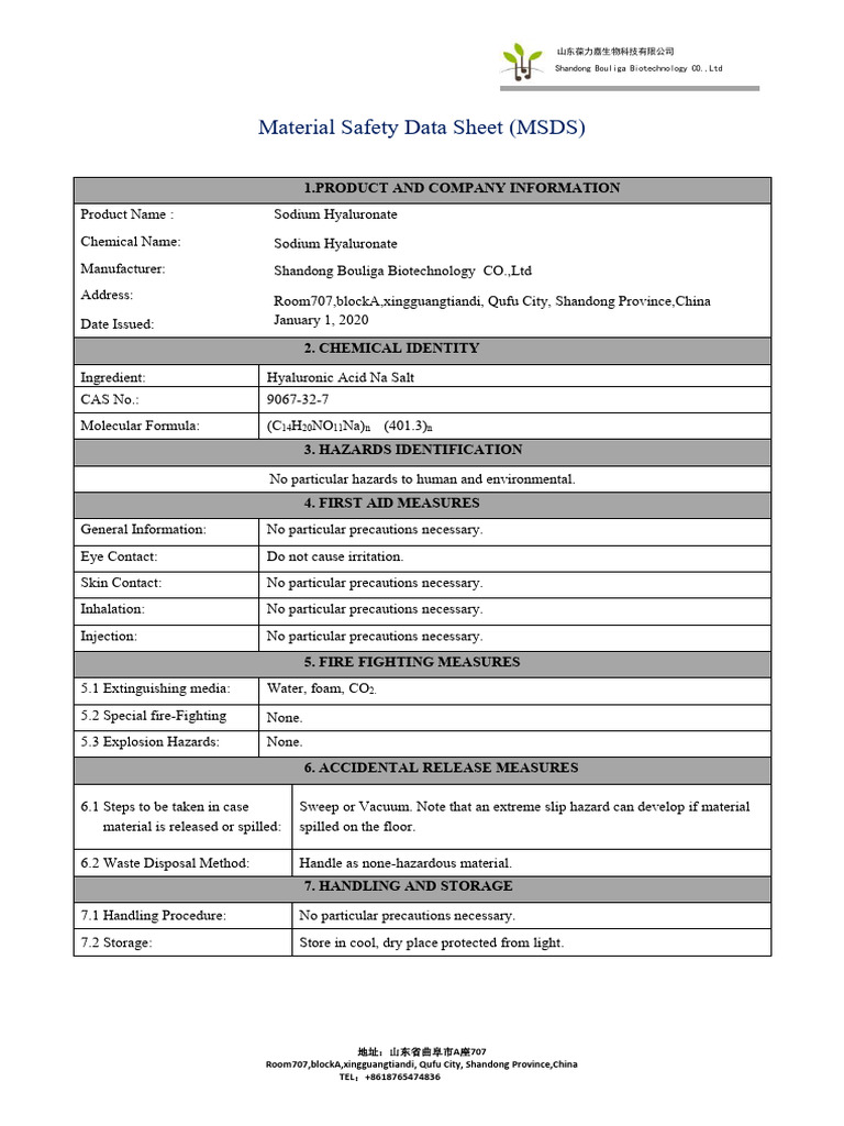 MSDS for Sodium Hyaluronate | PDF | Hazards | Firefighting