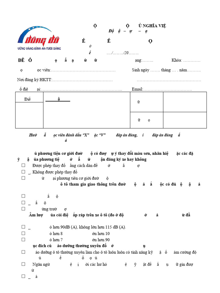 DE SO 01 hạng B1,B2,C (in 2 mặt trên giấy A4) | PDF
