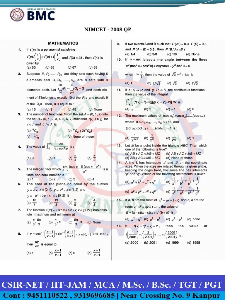NIMCET 2008 Question Paper & Solutions | PDF