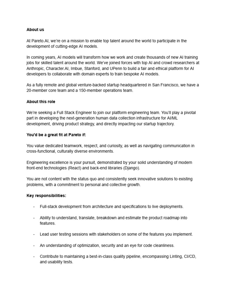 Full Stack Engineer - Pareto - Ai | PDF | Artificial Intelligence ...