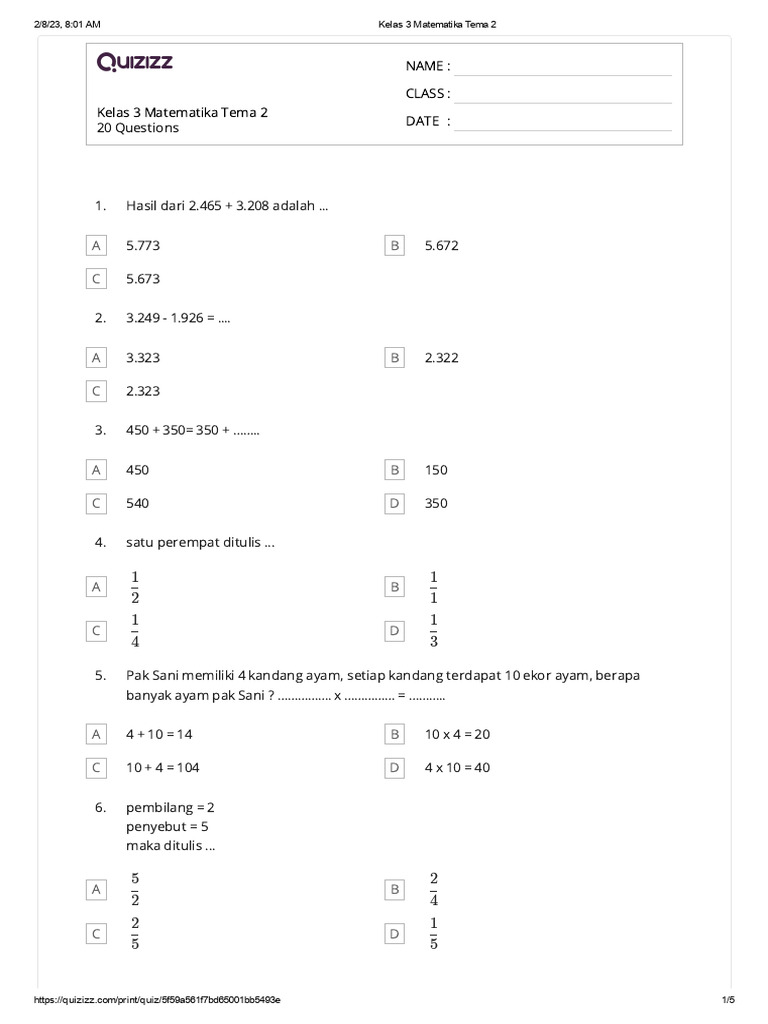 Soal Matematika Kelas 3 Semester 2 | PDF