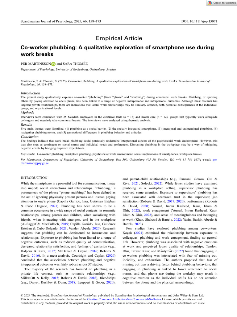 The association between phubbing in the workplace context ...