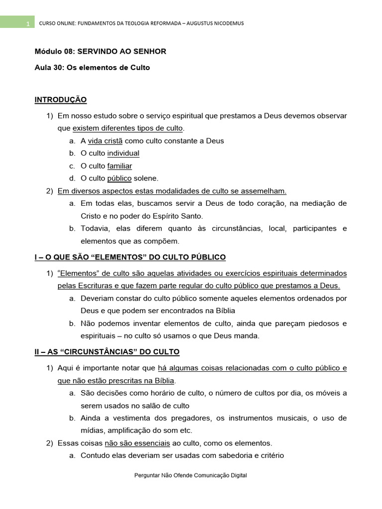 Aula 02 Os Elementos de Culto | PDF | Oração | Culto cristão