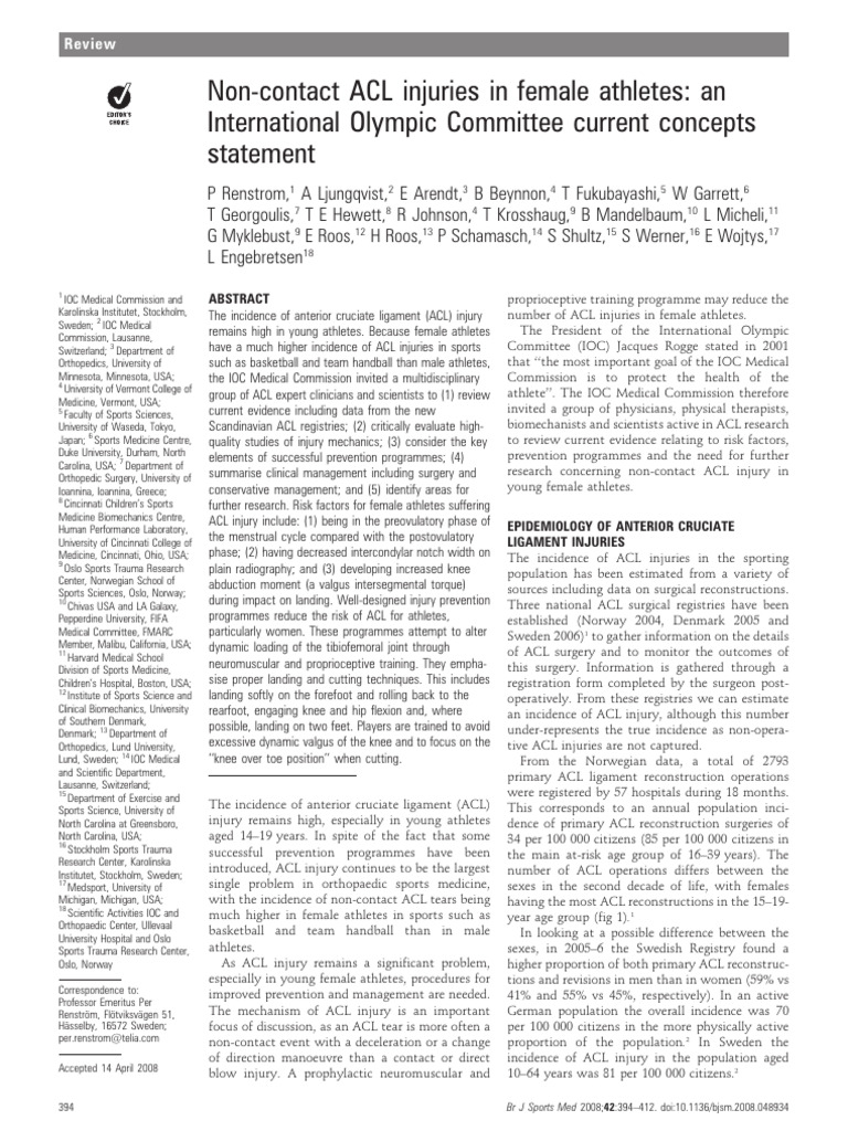 Noncontact ACL Injuries in Female Athletes An International Olympic ...
