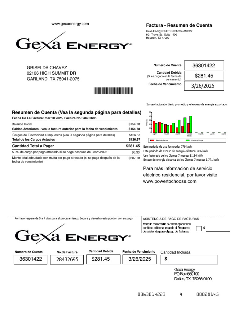 Resumen de Factura de Electricidad Gexa | PDF | Electricidad