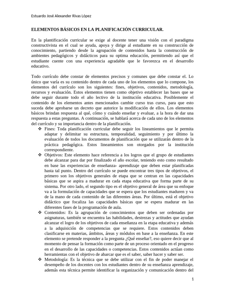 Elementos Clave en Planificación Curricular | PDF | Enseñando | Plan de ...