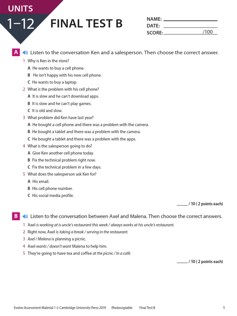 Evolve Final Test B Assessment Guide | PDF