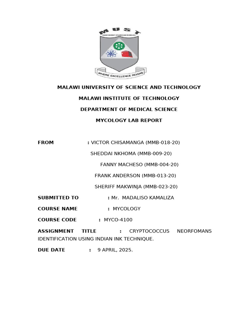 Mycology Lab Report 2 - 100837 | PDF | Microbiology | Immunology