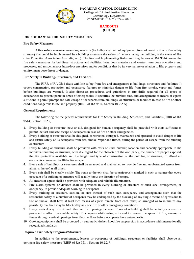 RIRR of RA 9514: Fire Safety Guidelines | PDF | Fire Safety | Child Care