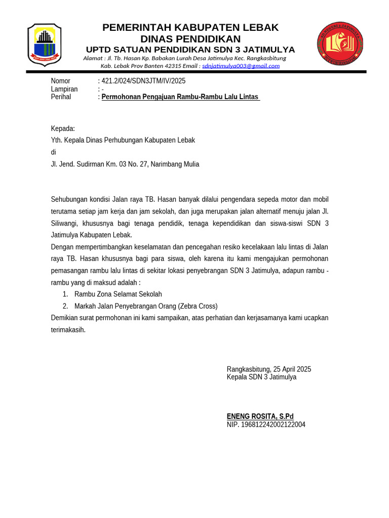 Permohonan Rambu Lalu Lintas SDN 3 Jatimulya | PDF