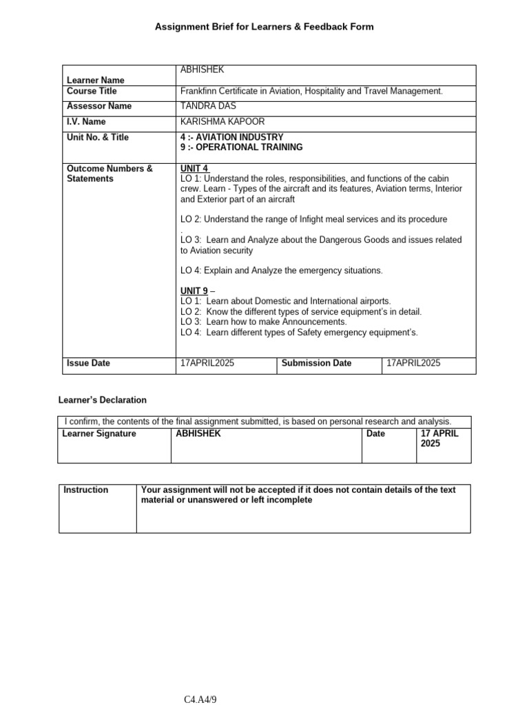 Frankfinn Aviation Assignment Overview | PDF | Meal | Airliner