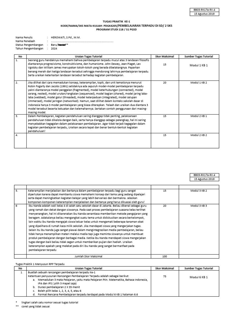 Pemb. Terpadu Uraian Tugas Tutorial 1 - Compressed | PDF