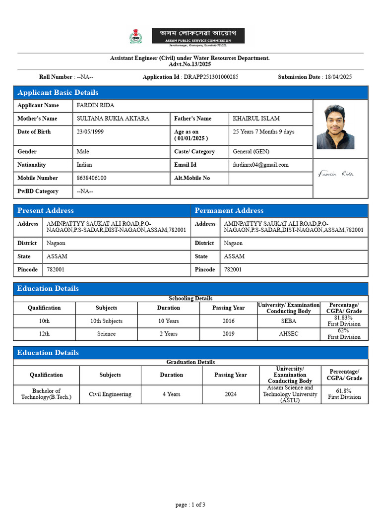 Assistant Engineer Application - Fardin Rida | PDF