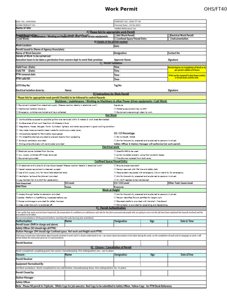 Ft40 Work Permit Utility & O&m | PDF | Occupational Safety And Health ...