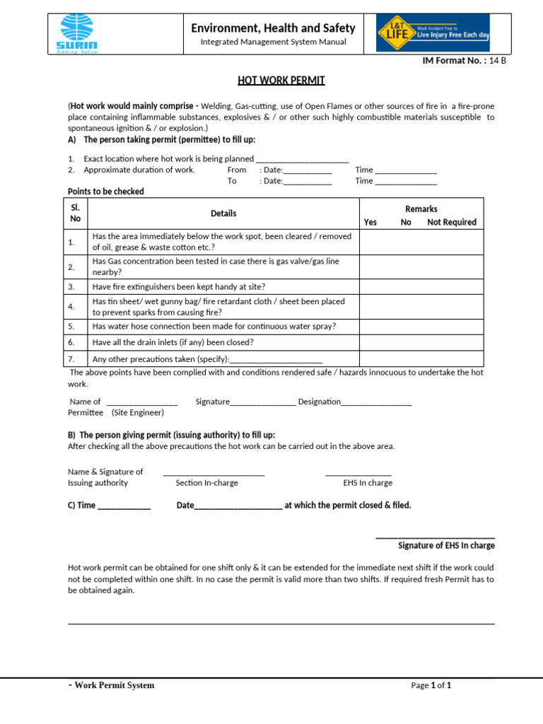Hot Work Permit Guidelines and Checklist | PDF | Fires | Energy Technology