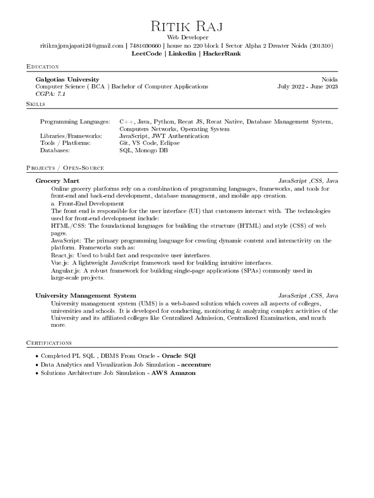 Ritik's Resume-Hackerresume | PDF | Databases | Java Script