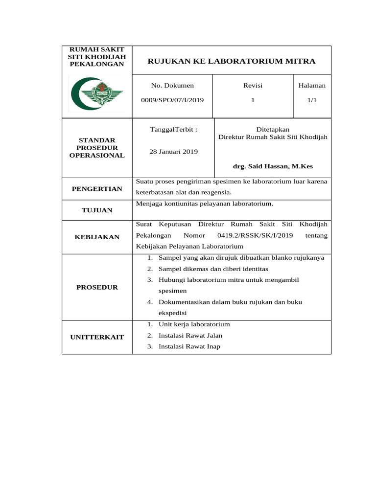 Prosedur Rujukan Spesimen Laboratorium | PDF