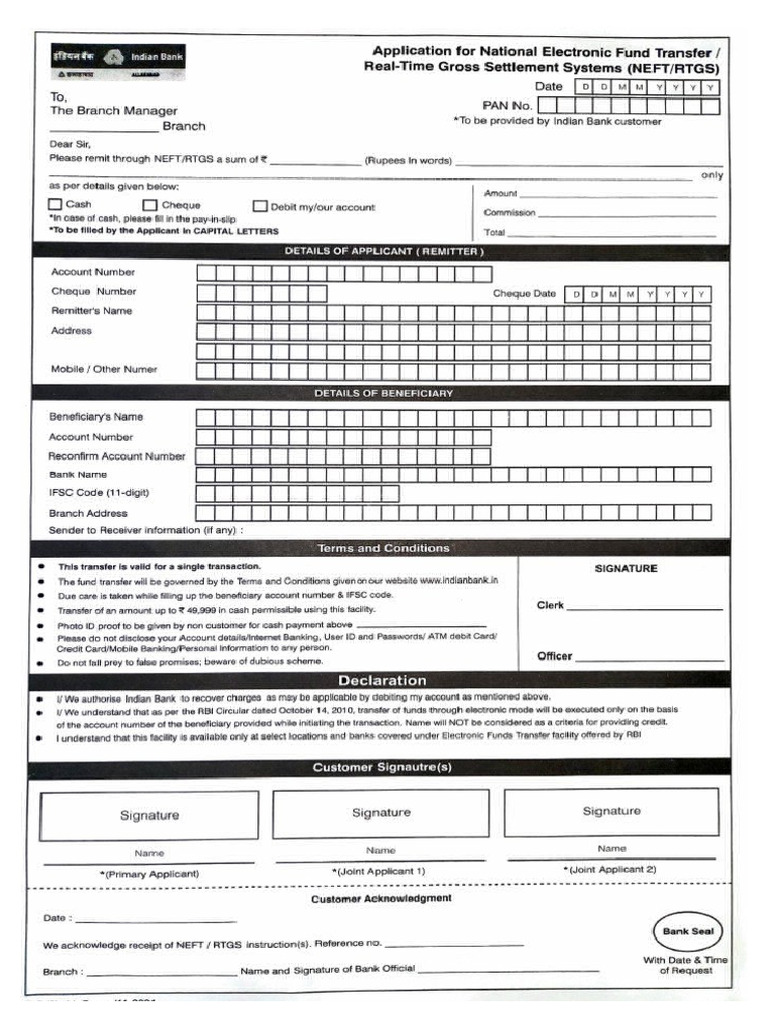 Indian Bank Rtgs Form | PDF
