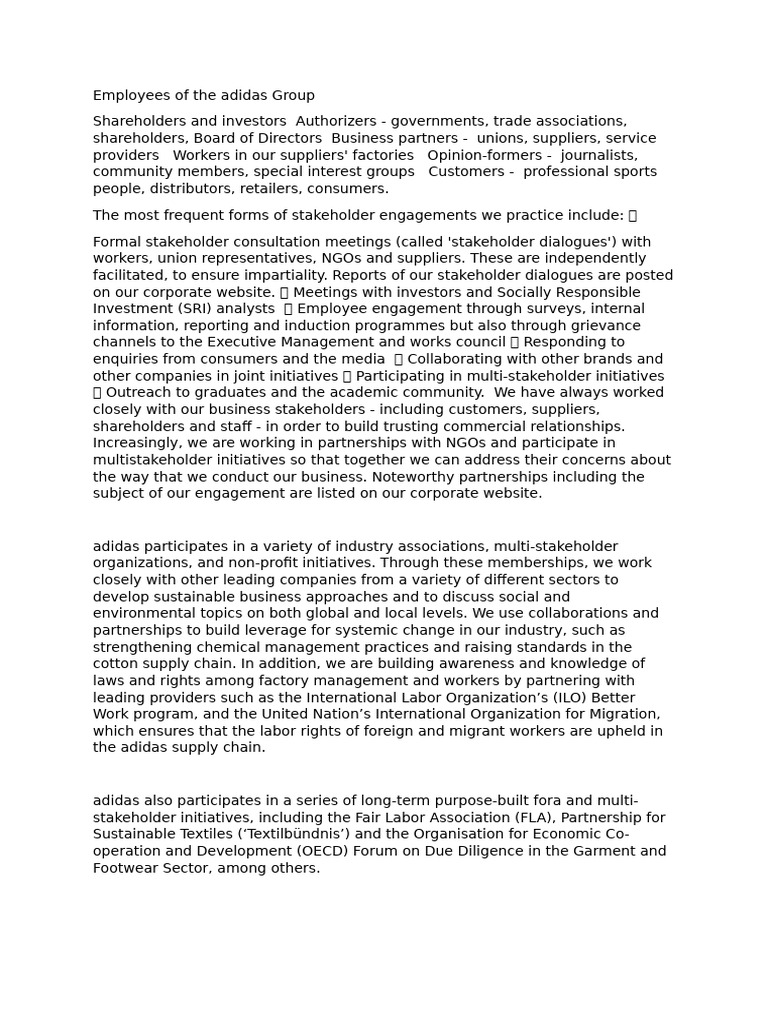 adidas Stakeholder Engagement Overview | PDF | Supply Chain | Business