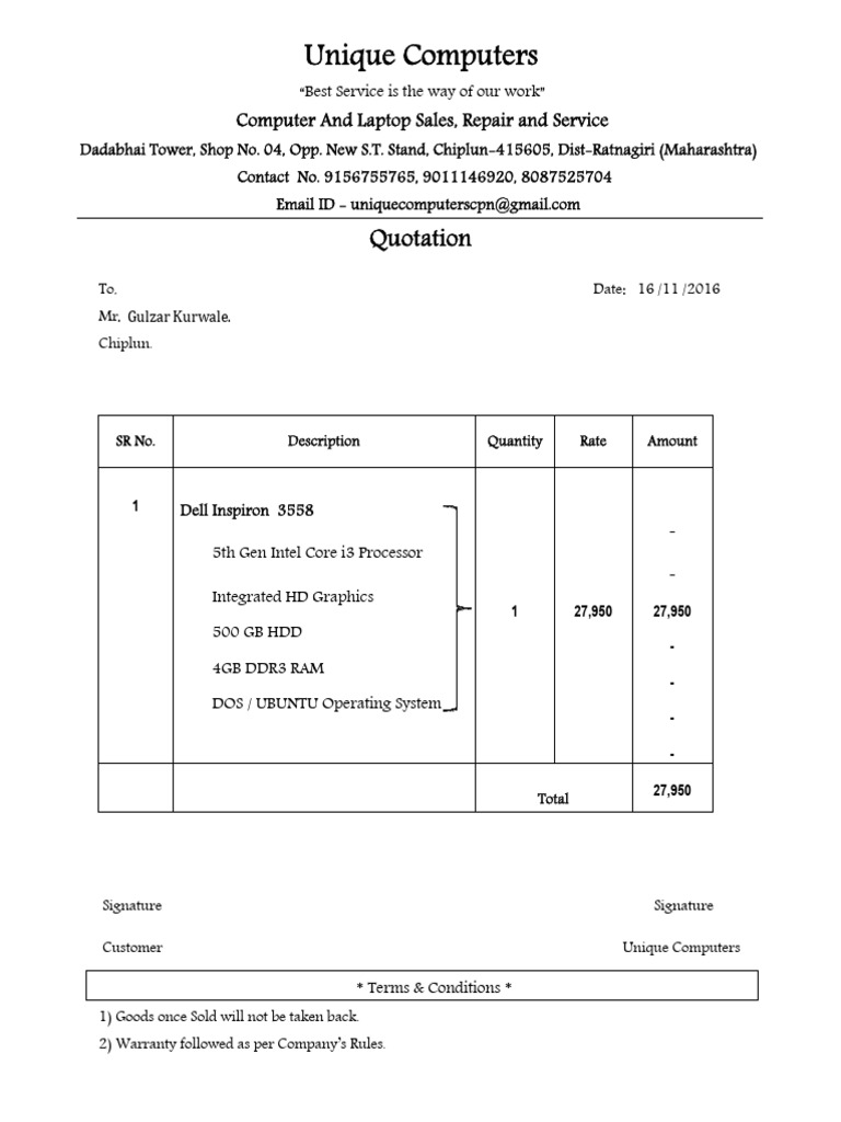 Dell Laptop Quotation for Mr. Kurwale | PDF