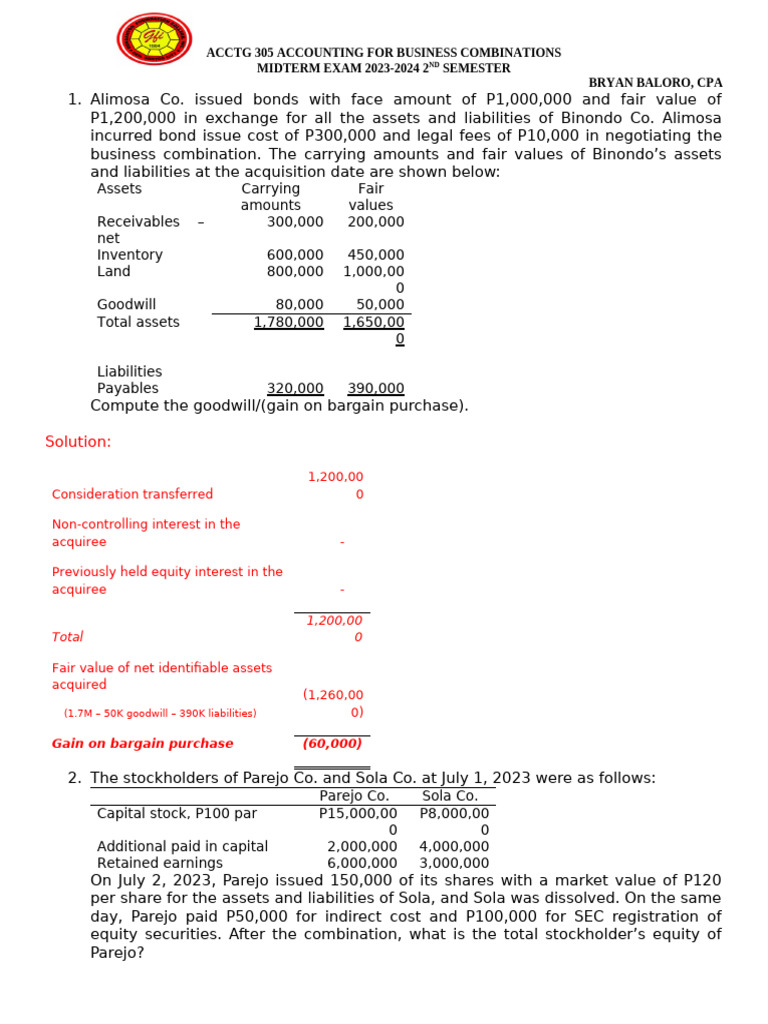 Accounting for Business Combinations Exam 2023 | PDF | Goodwill ...