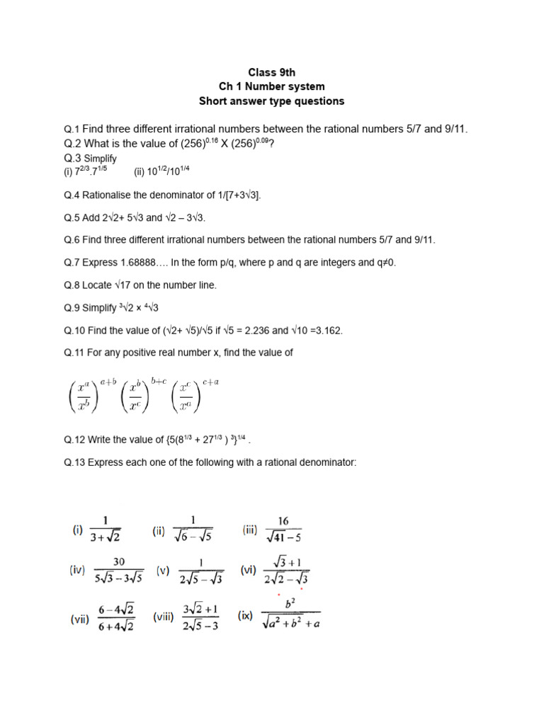 Class 9 Number System Short Answers | PDF