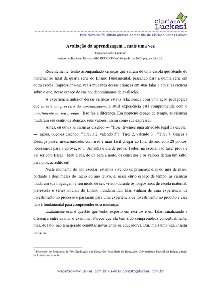 Avaliação da Aprendizagem por Luckesi | PDF | Aprendizado | Escolas