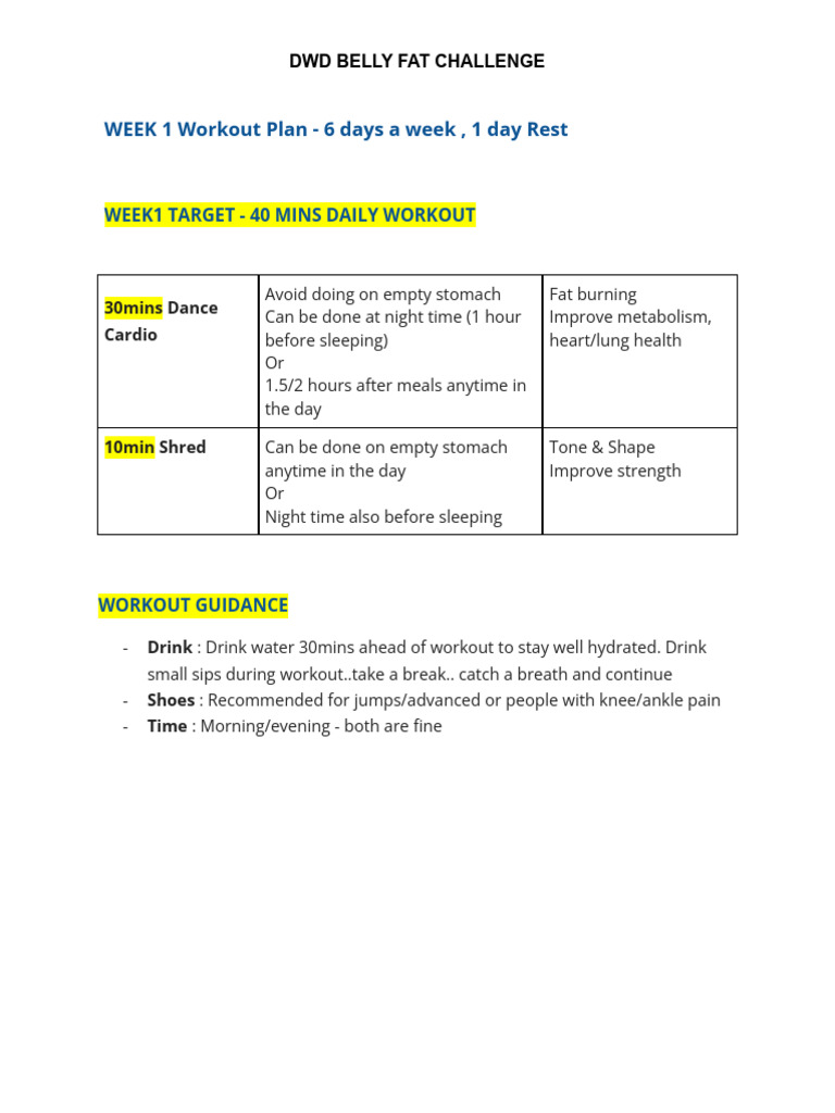 DWD Belly Fat Challenge: Week 1 Plan | PDF | Aerobic Exercise