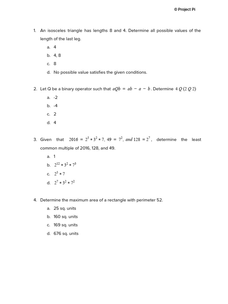 Project Pi Mock Exam FULL | PDF | Area | Euclidean Geometry