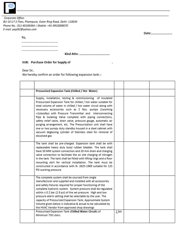 PURCHASE ORDER FOR EXPANSION TANK | PDF | Valve | Water Heating