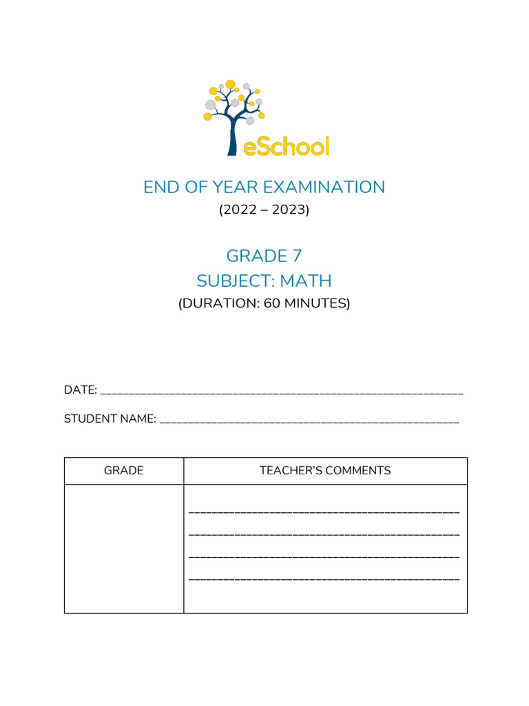 Grade 7 Math Exam Paper 2022 | PDF | Area