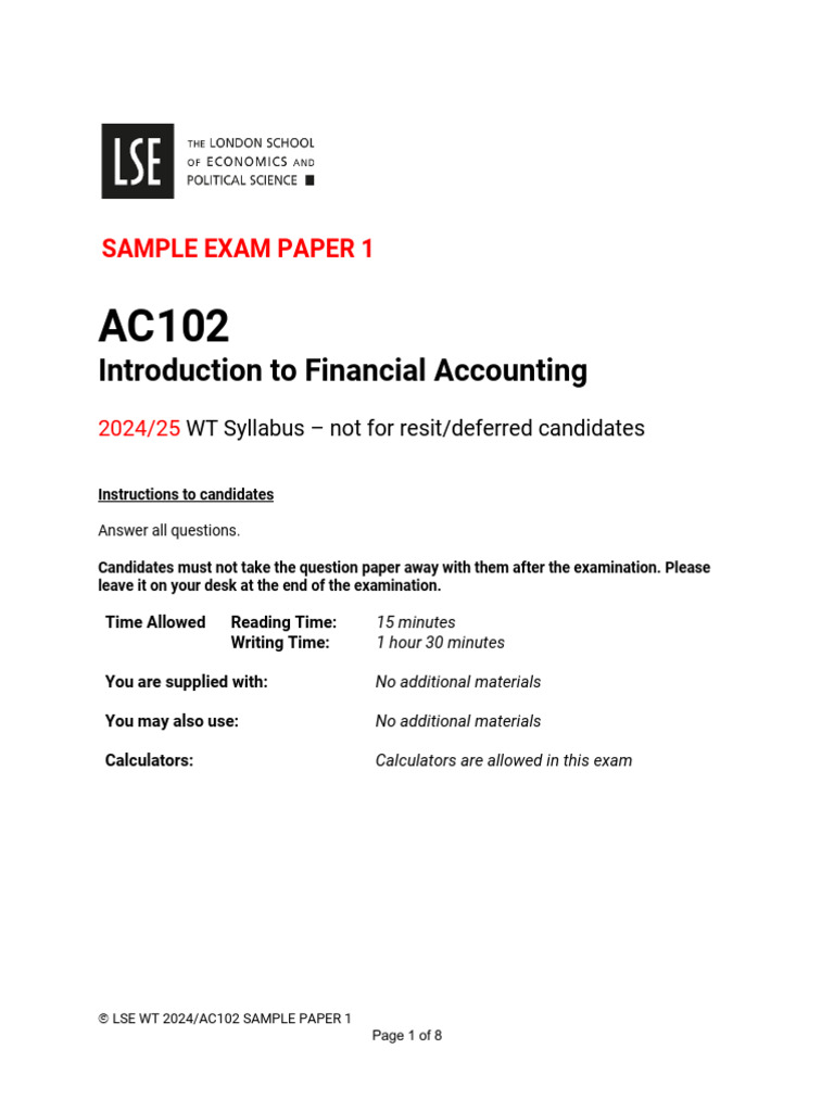 LSE AC102 Financial Accounting Sample Exam | PDF | Book Value | Equity ...