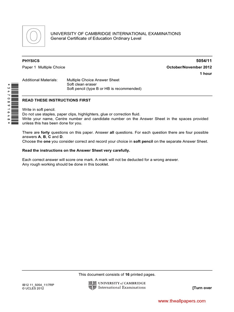 Cambridge O Level Physics MCQ Paper 2012 | PDF | Atomic Nucleus | Force