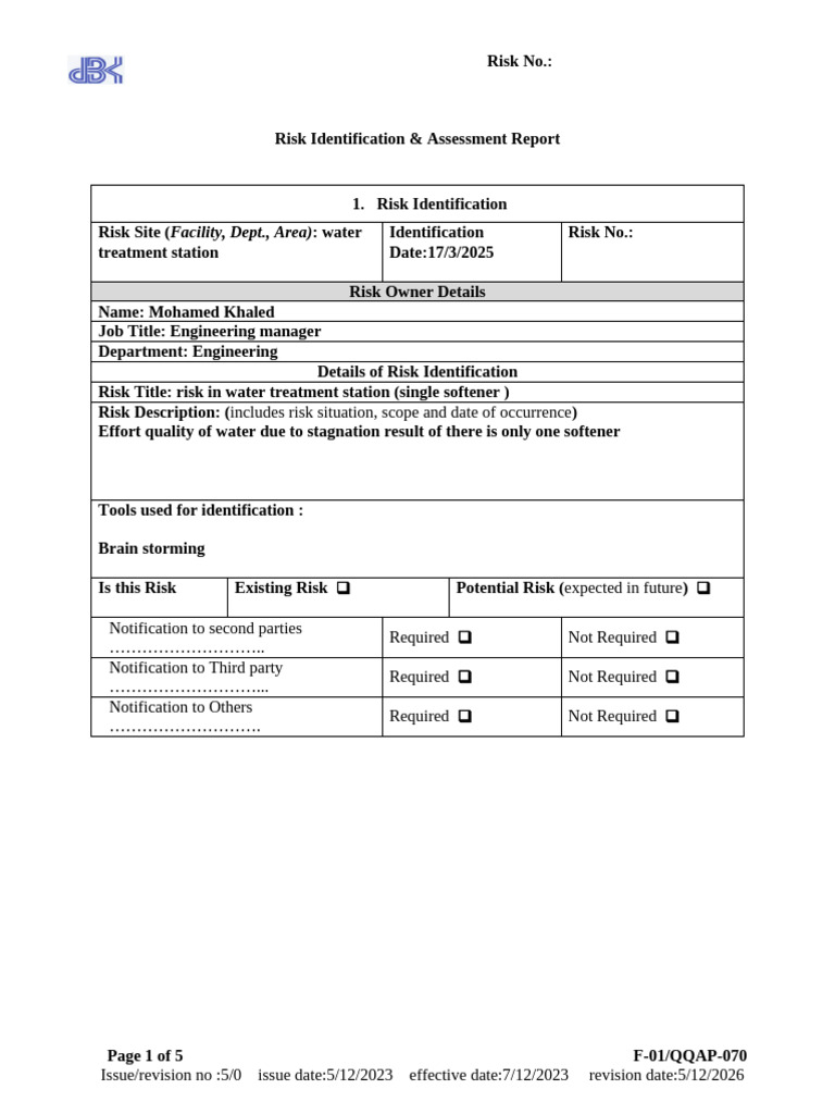 Risk Assessment for Water Treatment | PDF | Risk | Safety