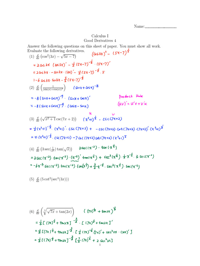 Calculus I Derivative Evaluation Exercises | PDF | Tangent | Mathematics