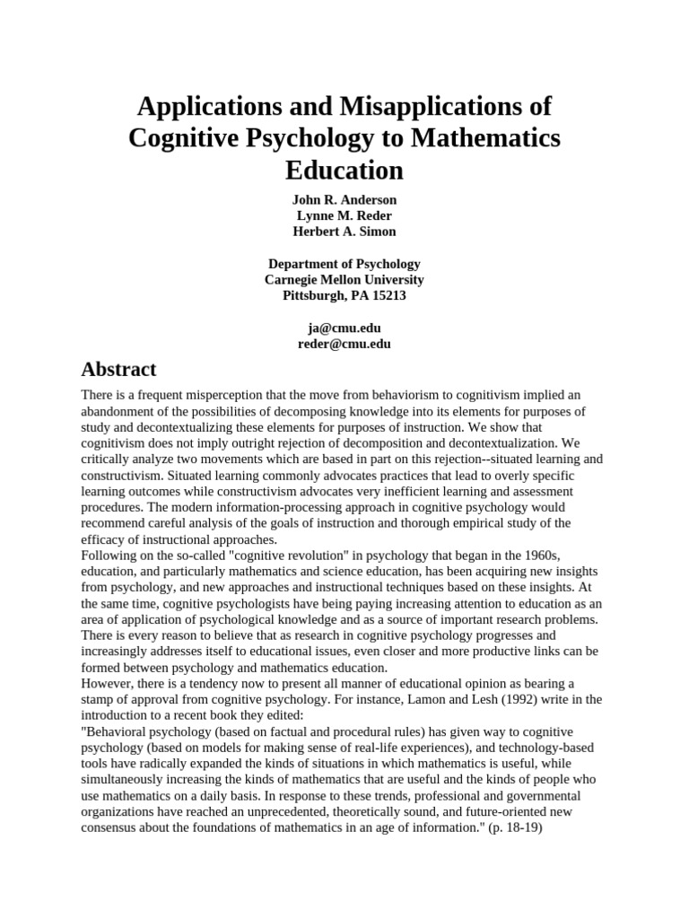 Cognitive Psychology in Math Education | PDF | Constructivism ...