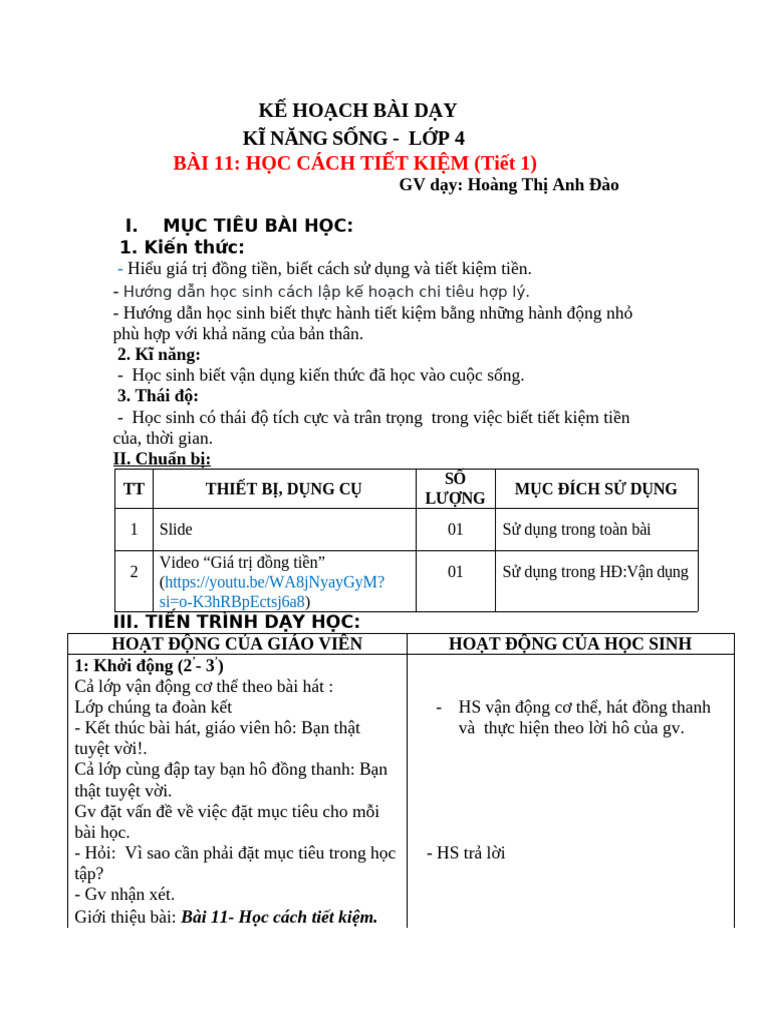 Bài 11: Học Cách Tiết Kiệm (Tiết 1) : Kế Hoạch Bài Dạy Kĩ Năng Sống ...