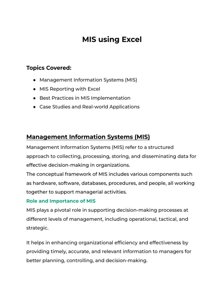 Excel for Effective MIS Reporting | PDF | Microsoft Excel | Usability