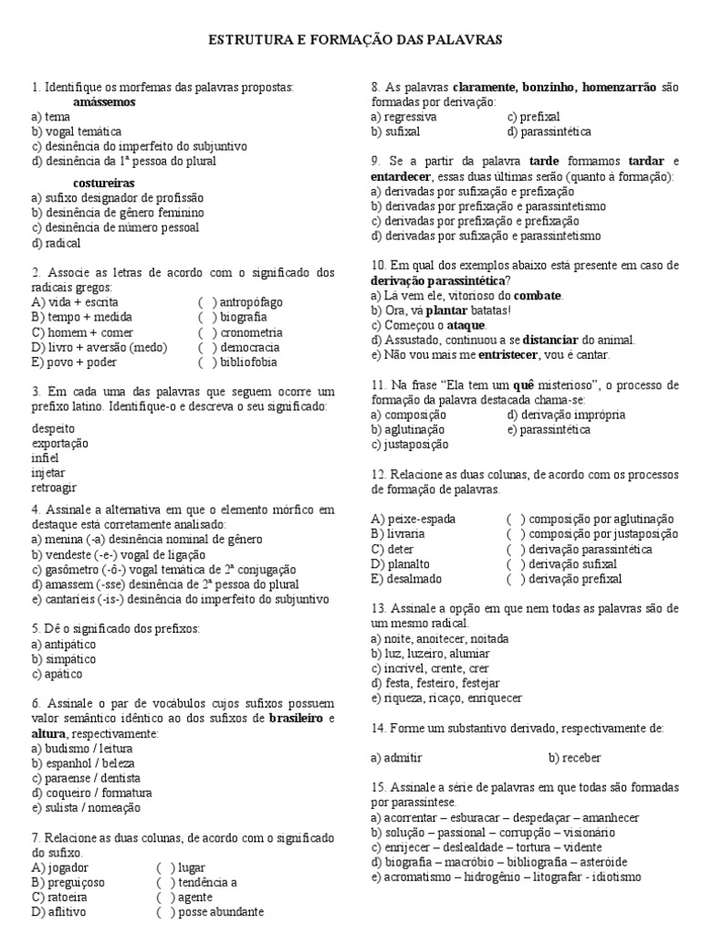 Exercicios Estrutura e Formacao Das Palavras | PDF
