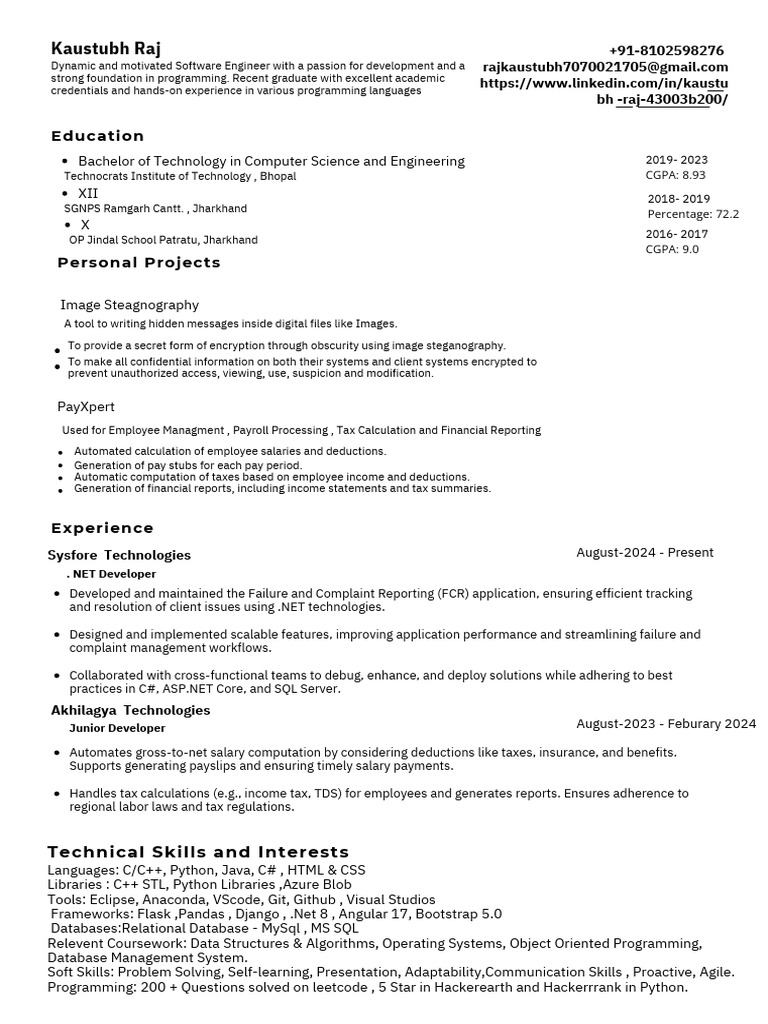 Software Engineer Resume - Kaustubh Raj | PDF | Databases | Microsoft ...