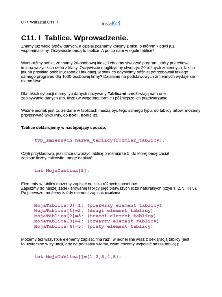 C11. I Tablice. Wprowadzenie.: Tablicami | PDF