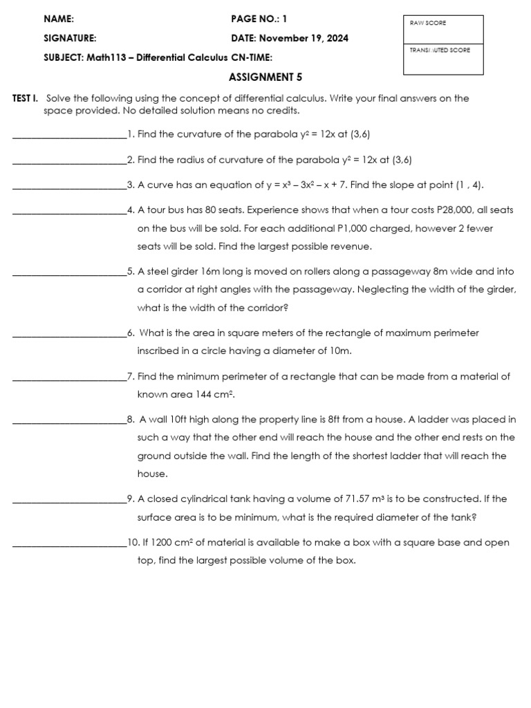 MATH113 DIFFERENTIAL CALCULUS Xfinals Day 5 Assignment 5 Word 2024 2025 ...