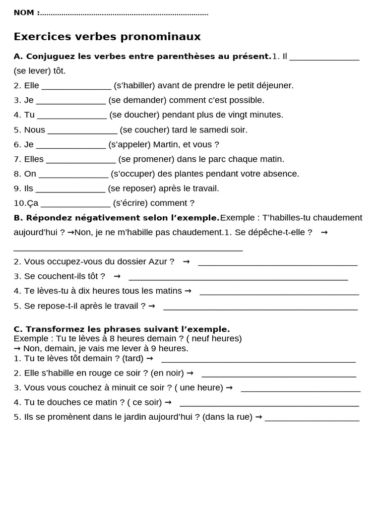 Exercices sur les verbes pronominaux | PDF