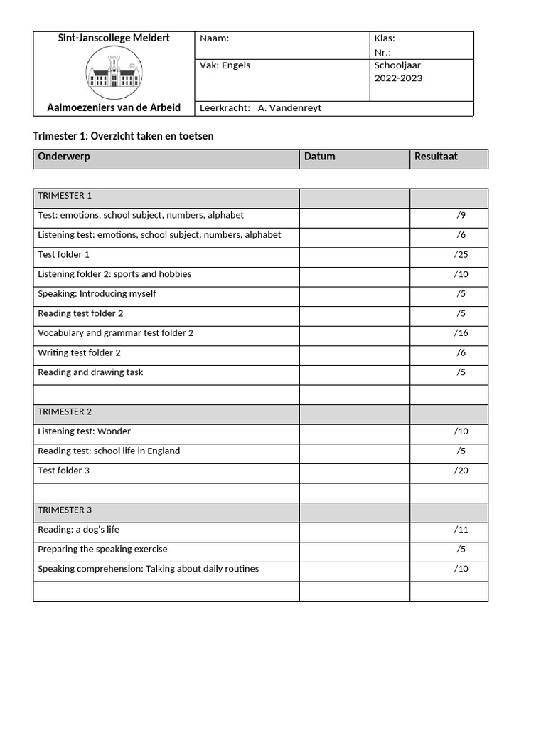 Overzicht Taken en Toetsen JAAR | PDF